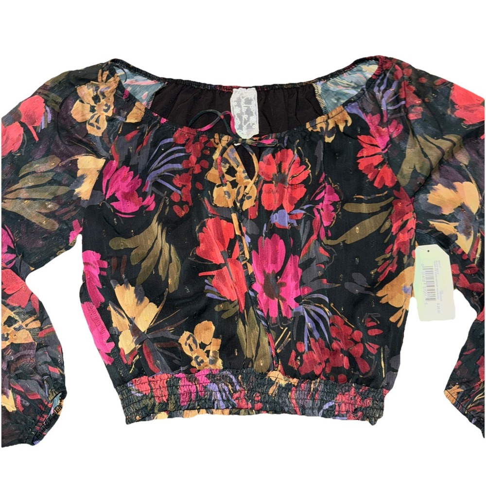 Sadie And Sage Smocked Hem Woven Crop Blouse Floral Black Multi S Sheer Lined